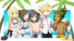  3boys alternate_hairstyle bikini black_bow black_hair blonde_hair blue_bikini blue_eyes blue_sky bow braid brother_and_sister chest cloud commentary dark_skin dark_skinned_male day eating flower gen_7_pokemon gladio_(pokemon) green_eyes green_hair hair_flower hair_ornament hau_(pokemon) highres lillie_(pokemon) long_hair malasada male_swimwear midriff miu_(miuuu_721) mizuki_(pokemon) multiple_boys multiple_girls navel one_eye_closed open_mouth palm_tree pokemon pokemon_(creature) pokemon_(game) pokemon_sm ponytail pyukumuku sandygast shirt shirtless short_hair short_sleeves siblings signature sky swim_trunks swimsuit swimwear tree twin_braids twitter_username v water white_shirt you_(pokemon) zipper 