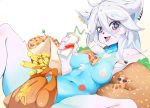  2016 anthro blue_fur blush breasts burger canine chest_tuft cup ear_piercing female food fox freckles fries fur hair holding_cup holding_object mammal meat navel nipples nude open_mouth piercing pingqiong_xiansheng pizza solo tongue tongue_out tuft white_fur white_hair 