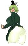  ass breasts cropped_legs fang from_behind ghost_tail green_eyes green_hair hat huge_breasts looking_back short_hair skirt skirt_lift soga_no_tojiko solo space_jin sweatdrop tate_eboshi thick_thighs thighs touhou white_background 
