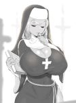  backlighting bible book breasts cleavage commentary cross cross_necklace english_commentary greyscale habit huge_breasts impossible_clothes jewelry magister_(medical_whiskey) medium_hair mole mole_under_eye monochrome necklace nun original rope_around_waist side_slit solo taut_clothes 
