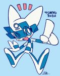  2020_summer_olympics blue_background blue_eyes highres kaneko_sake looking_at_viewer male_focus mascot miraitowa olympics open_mouth pointing signature simple_background smile solo 