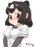  2018 absurd_res animal_humanoid annoyed bear_humanoid big_breasts biped blush bow_tie breasts brown_bear_(kemono_friends) brown_eyes brown_hair bust_portrait clothed clothing digital_drawing_(artwork) digital_media_(artwork) dress_shirt eyelashes female front_view frown hair hi_res humanoid japanese kemono_friends looking_at_viewer mammal masuyama_ryou_(artist) medium_breasts multicolored_hair nipple_bulge portrait shirt short_hair shy simple_background solo two_tone_hair white_background white_hair 