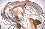  armpit_peek arms_up bangs breasts eyebrows_visible_through_hair from_behind from_side go_robots grey_eyes highres japanese_clothes kariginu lips long_sleeves looking_back medium_hair midriff mononobe_no_futo nape open_mouth ponytail sideboob silver_hair smile solo teeth touhou wide_sleeves 