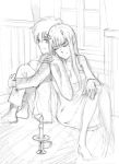  1boy 1girl albyee bangs barefoot black_hair candle candlestand clavicle couple darling_in_the_franxx eyes_closed feet female fingernails greyscale hand_holding hand_on_own_knee hetero high_resolution hiro_(darling_in_the_franxx) horns leg_hug long_hair looking_back male monochrome nightgown oni_horns pajamas red_horns short_hair sitting sleeveless zero_two_(darling_in_the_franxx) 