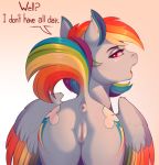  2018 anus butt cutie_mark dialogue digital_media_(artwork) ear_piercing english_text equine evehly facial_piercing feathered_wings feathers female feral friendship_is_magic hair hi_res looking_back mammal multicolored_feathers multicolored_hair multicolored_tail my_little_pony nose_piercing open_mouth pegasus piercing presenting presenting_anus presenting_pussy pussy rainbow_dash_(mlp) rainbow_feathers rainbow_hair rainbow_tail rear_view solo text wings 