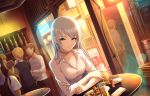  4boys artist_request breasts brown_eyes cleavage drink dutch_angle earrings faceless faceless_male food grey_hair idolmaster idolmaster_cinderella_girls idolmaster_cinderella_girls_starlight_stage jewelry long_hair multiple_boys multiple_girls official_art shirt short_hair solo_focus takamine_noa white_shirt 