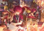  book bookshelf candle chair couch cross cup elsword elsword_(character) gem highres letter lord_knight_(elsword) map multiple_boys music_box paper quill red_eyes red_hair rune_slayer_(elsword) runes scorpion5050 shoulder_armor tattoo tea teacup 