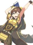  ;d bangs book bow bracelet breasts brown_hair cape cowboy_shot crossed_bangs dress dyute_(fire_emblem) fang fire_emblem fire_emblem_echoes:_mou_hitori_no_eiyuuou hair_between_eyes hair_bow highres holding holding_book jewelry looking_at_viewer one_eye_closed open_mouth ponytail short_dress sleeveless sleeveless_dress small_breasts smile solo striped tdob_mk2 vertical-striped_dress vertical_stripes yellow_bow yellow_eyes 