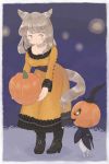  animal_ears boots brown_eyes cat_ears cat_tail dress facial_mark final_fantasy final_fantasy_xiv frills high_heel_boots high_heels jack-o'-lantern light_brown_hair long_hair miqo'te mozuku_(mozuuru0323) solo standing tail 