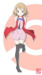  1girl absurdres arms_behind_back black_legwear blonde_hair blue_eyes blush breasts cutout dress drop_shadow female full_body happy highres leg_up looking_at_viewer outline pink_dress pokemon pokemon_(anime) pokemon_xy_(anime) red_background red_vest serena_(pokemon) shiny shiny_hair short_hair simple_background sleeveless sleeveless_dress small_breasts smile solo standing standing_on_one_leg tax2rin thighhighs two-tone_background vest watermark white_outline zettai_ryouiki 