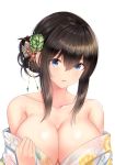  bangs bare_shoulders black_hair blue_eyes blush breasts cleavage collarbone commentary floral_print flower hair_between_eyes hair_bun hair_flower hair_ornament highres i.f.s.f idolmaster idolmaster_cinderella_girls japanese_clothes kimono large_breasts long_hair looking_at_viewer off_shoulder open_mouth parted_lips sagisawa_fumika simple_background solo tied_hair white_background white_kimono 