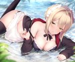  apron bikini_top blonde_hair blush breasts cropped fate/grand_order fate_(series) headdress maid maosame nipples nopan saber saber_alter short_hair skirt thighhighs water wet yellow_eyes 