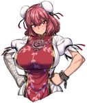  bandaged_arm bandages blush breasts bun_cover chinese_clothes cuffs double_bun eyebrows_visible_through_hair flower hands_on_hips huge_breasts ibaraki_kasen pink_flower pink_hair pink_rose puffy_short_sleeves puffy_sleeves red_eyes rose shackles short_hair short_sleeves smile solo space_jin tabard touhou upper_body white_background 