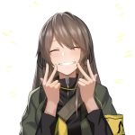  1girl ^_^ bangs black_ribbon black_shirt breasts brown_hair cero_(last2stage) closed_eyes commentary_request double_v eyebrows_visible_through_hair eyes_closed girls_frontline green_jacket grin hair_ribbon hands_up highres jacket large_breasts long_hair long_sleeves open_clothes open_jacket ribbon shirt simple_background smile solo strap teeth ump40_(girls_frontline) upper_body v white_background 