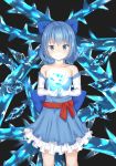  absurdres alternate_costume armpit_crease arms_up bare_shoulders black_background blue_bow blue_dress blue_eyes blue_hair bow cirno collarbone commentary_request cowboy_shot dress elbow_gloves enki_1021 eyebrows_visible_through_hair gloves hair_between_eyes hair_bow highres ice ice_wings looking_at_viewer open_hands petticoat pleated_dress red_sash sash short_hair simple_background smile solo standing strapless strapless_dress thorns touhou wings 