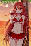  1girl bare_shoulders bikini bikini_lift cloud collarbone day eyebrows_visible_through_hair female fingerless_gloves fire_emblem fire_emblem:_kakusei fire_emblem_heroes gloves hair_ornament highres lifted_by_self long_hair looking_at_viewer matching_hair/eyes navel outdoors pool red_bikini red_eyes red_gloves red_hair shell shiny shiny_hair shiny_skin shy sky solo standing star sunset sweatdrop swimsuit tiamo winged_hair_ornament 