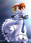  black_gloves brown_hair cropped_jacket diesel-turbo fingerless_gloves from_behind frown gauntlets gloves hair_ribbon jacket juliet_sleeves long_sleeves looking_up lyrical_nanoha mahou_shoujo_lyrical_nanoha mahou_shoujo_lyrical_nanoha_a's mahou_shoujo_lyrical_nanoha_the_movie_2nd_a's puffy_sleeves purple_eyes raising_heart ribbon shiny shiny_hair short_twintails skirt staff standing takamachi_nanoha twintails 