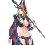  abs armor bikini_armor blonde_hair breasts cleavage cowboy_shot f.s. gorget green_eyes horns large_breasts lips long_hair looking_back navel on_shoulder original polearm serious shoulder_armor solo spaulders spear standing transparent_background vambraces warrior weapon wind 