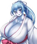  1girl aoi_(gegege_no_kitarou) astraea13 blue_eyes blue_hair blue_skin blush breasts cleavage gegege_no_kitarou gigantic_breasts hair_ribbon long_hair looking_at_viewer open_mouth ribbon smile solo upper_body yuki_onna 
