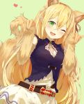 :3 :d absurdres animal_ear_fluff animal_ears arisa_(shadowverse) bangs bare_shoulders belt blush breasts brown_belt cleavage_cutout commentary dress dutch_angle elbow_gloves extra_ears eyebrows_visible_through_hair fang fox_ears fox_girl fox_shadow_puppet fox_tail gloves green_background green_eyes hair_between_eyes hands_up heart highres large_breasts long_hair looking_at_viewer loose_belt neck_ribbon one_eye_closed open_mouth orange_gloves parted_bangs paw_gloves paws pointy_ears red_ribbon ribbon shadowverse simple_background sleeveless sleeveless_dress smile solo tail very_long_hair yamato_(muchuu_paradigm) 