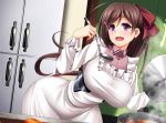  ahoge blush breasts brown_hair commentary_request food frills hair_ornament hair_ribbon hairclip kantai_collection kappougi large_breasts long_hair long_sleeves mamiya_(kantai_collection) mirisha ponytail purple_eyes ribbon solo 