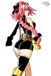  1girl armor ass astolfo_(fate) bare_shoulders bow braid breasts cerberuspink clenched_hand fate/apocrypha fate/grand_order fate_(series) fist from_behind genderswap genderswap_(mtf) gloves hair_bow long_hair looking_at_viewer perky_breasts pink_hair purple_eyes shiny shiny_clothes shiny_hair shiny_skin short_shorts shorts sideboob single_braid single_thighhigh smile solo suspenders very_long_hair 