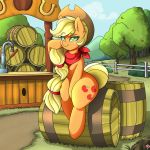 2017 absurd_res apple_tree applejack_(mlp) bandanna barrel bedroom_eyes blonde_hair cloud coldbrewcoffee cowboy_hat cute cutie_mark detailed_background earth_pony equine eyebrows eyelashes female fence freckles friendship_is_magic grass green_eyes hair hair_tie half-closed_eyes hat hi_res hooves horse long_hair looking_at_viewer mammal my_little_pony nude outside pony portrait road seductive semi-anthro sitting sky smile solo tree 