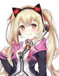  :3 anchor_necklace animal_ears azur_lane bangs bell black_jacket blonde_hair blush breasts candy cat_ears closed_mouth collared_shirt commentary_request concord_(azur_lane) drawstring fake_animal_ears food hand_up headphones highres himexin holding_lollipop jacket jingle_bell lollipop long_hair long_sleeves looking_at_viewer medium_breasts mole mole_under_eye neck_ribbon open_clothes open_jacket red_eyes red_neckwear ribbon shirt sidelocks simple_background sleeves_past_wrists solo star star-shaped_pupils symbol-shaped_pupils twintails upper_body white_background white_shirt 