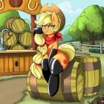  2017 absurd_res apple_tree applejack_(mlp) bandanna barrel bedroom_eyes blonde_hair clothing cloud coldbrewcoffee cowboy_hat cute cutie_mark detailed_background earth_pony equine eyebrows eyelashes female fence freckles friendship_is_magic grass green_eyes hair hair_tie half-closed_eyes hat hi_res hooves horse legwear long_hair looking_at_viewer mammal mostly_nude my_little_pony outside pony portrait road rubber seductive semi-anthro sitting sky smile solo stockings thigh_highs tree 