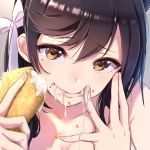  atago_(azur_lane) azur_lane bangs black_hair blurry blush breasts brown_eyes collarbone cream crumbs depth_of_field eyebrows_visible_through_hair finger_to_mouth fingernails food food_on_body food_on_face hair_ribbon hand_on_own_face highres holding holding_food lips long_hair looking_at_viewer mappaninatta mole mole_under_eye nude pastry pink_lips portrait ribbon sexually_suggestive small_breasts solo tsurime upper_body white_ribbon 