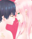  1boy 1girl black_hair blue_eyes blush breasts candy commentary_request couple darling_in_the_franxx face-to-face facing_another food forehead-to-forehead fringe green_eyes hair_ornament hair_over_breasts hairband hetero highres hiro_(darling_in_the_franxx) horns in_mouth large_breasts lollipop long_hair looking_at_another oni_horns pink_hair red_horns shirtless short_hair straight_hair usagizado white_hairband zero_two_(darling_in_the_franxx) 