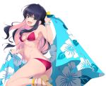 :d anklet ass bikini black_hair bracelet breasts commentary_request fang floral_print from_behind green_eyes highres jewelry kantai_collection kurihara_kenshirou leg_up long_hair looking_at_viewer medium_breasts multicolored_hair naganami_(kantai_collection) navel open_mouth pink_hair red_bikini ribs simple_background smile solo standing standing_on_one_leg swimsuit two-tone_hair white_background 