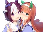  3: :d animal_ears bangs blue_eyes blunt_bangs bow cheek-to-cheek eyebrows_visible_through_hair hair_bow hairband hime_cut horse_ears horse_girl long_hair looking_at_viewer meth_(emethmeth) multicolored_hair multiple_girls open_mouth orange_hair purple_eyes school_uniform short_hair silence_suzuka simple_background smile special_week two-tone_hair umamusume v white_background white_hair yuri 