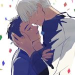  black_hair blurry close-up closed_eyes confetti depth_of_field face fingernails forehead-to-forehead futon_(katarosu) grey_hair hair_over_one_eye hands_on_another's_face happy katsuki_yuuri long_sleeves lowres male_focus monochrome multiple_boys noses_touching profile short_hair simple_background smile upper_body viktor_nikiforov white_background yaoi yuri!!!_on_ice 