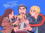  1girl 2boys anniversary black_hair blonde_hair blue_background braid brown_eyes brown_hair capcom casual chun-li crepe facial_hair feeding food fork grin hair_down jacket ken_masters long_hair multiple_boys pasta ryuu_(street_fighter) simple_background smile spaghetti spoon street_fighter stubble teeth toko_(tokkotoritori) 