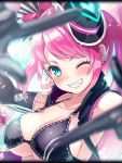  aqua_eyes artist_request black_bikini_top black_gloves black_killers_(phantom_of_the_kill) breasts cleavage dog_tags earrings freikugel gloves hair_ornament hat jewelry large_breasts long_hair looking_at_viewer official_art one_eye_closed phantom_of_the_kill pink_hair smile 