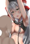  alternate_breast_size amatsukaze_(kantai_collection) armpits blush breast_sucking breasts commentary dress grey_hair hair_tubes hetero highres kantai_collection kitajima_yuuki long_hair looking_at_viewer medium_breasts open_mouth sailor_collar sailor_dress school_uniform simple_background solo_focus two_side_up white_background yellow_eyes 