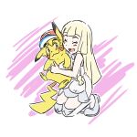  1girl blush commentary e-122-psi english_commentary hat highres hug lillie_(pokemon) pikachu pokemon pokemon_(anime) pokemon_(creature) pokemon_sm_(anime) satoshi_(pokemon) 