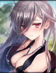  artist_request black_jacket black_killers_(phantom_of_the_kill) blush breasts cleavage eyebrows_visible_through_hair eyes_visible_through_hair game_cg jacket jewelry laevateinn_(phantom_of_the_kill) large_breasts long_hair looking_at_viewer necklace official_art phantom_of_the_kill red_eyes silver_hair smile solo 
