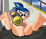  barefoot blue_eyes blue_hair clothing dialogue erection foot_focus footwear foxkai hair inkling looking_at_viewer male nintendo nude penis public shoes solo splatoon talking_to_viewer video_games 