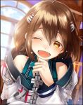  artist_request blush breasts brown_hair dress hair_between_eyes hair_ornament hairclip laughing longinus_(phantom_of_the_kill) looking_at_viewer official_art one_eye_closed open_mouth phantom_of_the_kill short_hair small_breasts solo tearing_up window yellow_eyes 