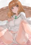  absurdres bangs blouse blunt_bangs blurry blurry_background blush breasts clenched_hand closed_mouth commentary eyebrows_visible_through_hair frown girls_und_panzer groin hand_on_own_chest highres labia leaning_back long_hair long_sleeves looking_at_viewer medium_breasts no_neckwear no_pants on_bed ooarai_school_uniform orange_eyes orange_hair panties school_uniform serafuku shignonpencil sitting spread_legs takebe_saori underwear white_blouse white_panties 