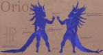  2017 anthro blue_feathers blue_skin butt claws dragon english_text feathered_dragon feathers front_view horn male model_sheet nipples orion_(pheel) penis pheel plantigrade rear_view simple_background smile solo text textured_background 