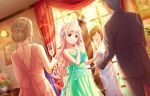  4girls artist_request bracelet brown_eyes cup dress drinking_glass earrings faceless faceless_female formal green_dress hair_ornament idolmaster idolmaster_cinderella_girls idolmaster_cinderella_girls_starlight_stage jewelry long_hair multiple_girls necklace official_art pink_hair saionji_kotoka solo_focus very_long_hair wine_glass 