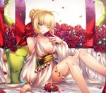  ahoge bangs bare_shoulders blonde_hair blush braid breasts cleavage closed_mouth collarbone commentary dress fate/extra fate/grand_order fate_(series) fingernails flower french_braid green_eyes hair_bun hair_ribbon highres large_breasts long_fingernails long_sleeves looking_at_viewer nero_claudius_(fate) nero_claudius_(fate)_(all) one_eye_closed petals pink_lips pixiv_fate/grand_order_contest_2 red_flower red_ribbon red_rose ribbon rose rose_petals sitting smile solo white_dress white_legwear xionfes 