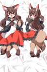  2018 alternate_species anthro bed blush breasts brown_fur brown_hair canine clothed clothing cute_fangs dakimakura_design dress eromame female fur furrification hair imaizumi_kagerou inner_ear_fluff kemono long_hair looking_at_viewer looking_back lying mammal on_back on_bed on_front open_mouth paws red_eyes solo touhou white_fur wolf 