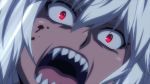  1girl breasts cleavage dark_skin fangs female fur glowing_eyes grey_fur grey_hair highres killing_bites monster_girl night open_mouth ratel_ears red_eyes screencap short_hair spiky_hair teeth torn_clothes uzaki_hitomi wild 