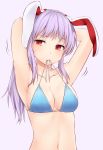 alternate_hairstyle animal_ears armpits arms_up bare_arms bikini bikini_in_mouth blue_bikini blush breasts bunny_ears collarbone commentary_request highres long_hair looking_at_viewer medium_breasts miyo_(ranthath) mouth_hold navel ponytail purple_background purple_hair red_eyes reisen_udongein_inaba shiny shiny_skin sidelocks simple_background solo stomach sweat swimsuit touhou tying_hair untied untied_bikini upper_body 