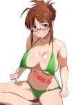  1girl akizuki_ritsuko antenna_hair bikini bikini_pull blush breasts brown_eyes brown_hair commentary folded_ponytail glasses green_bikini hard_translated idolmaster jabara_tornado large_breasts looking_at_viewer navel sitting solo swimsuit text_focus translated 