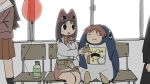  animal_costume animal_hat azumanga_daiou cat_hat chair closed_eyes feeding hat highres indoors kasuga_ayumu long_sleeves looking_at_another medium_hair mihama_chiyo multiple_girls orange_hair penguin_costume pleated_skirt school_festival school_uniform skirt smile thighs tsukumizu_yuu window 